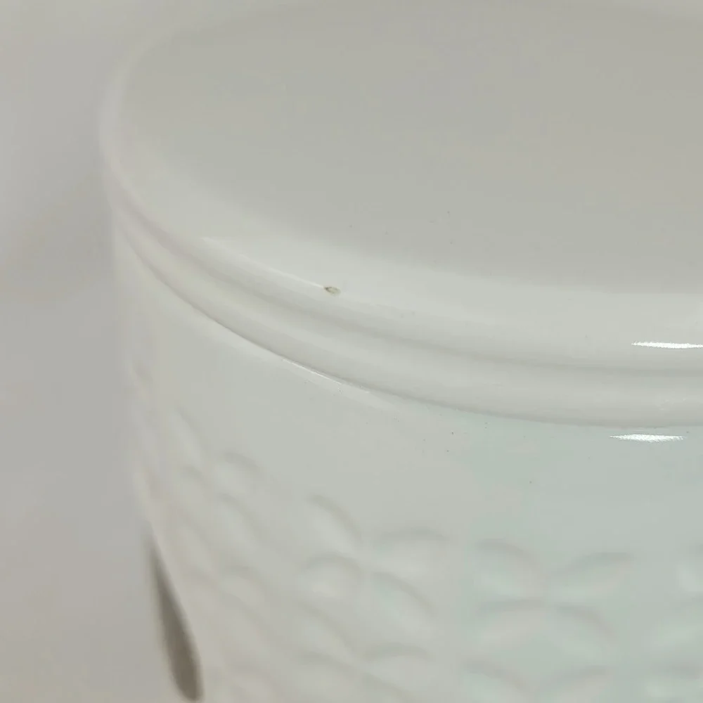 THL White Ceramic Coffee Canister Embossed Quatrefoil Brass Plaque Farmhouse